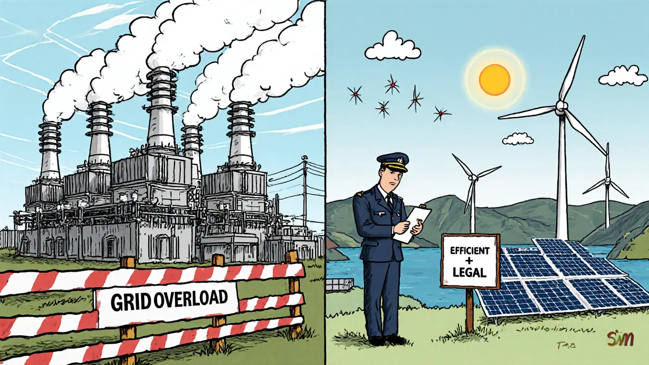 Split scene: blocked industrial mine vs. small eco-friendly mining setup in Norway.