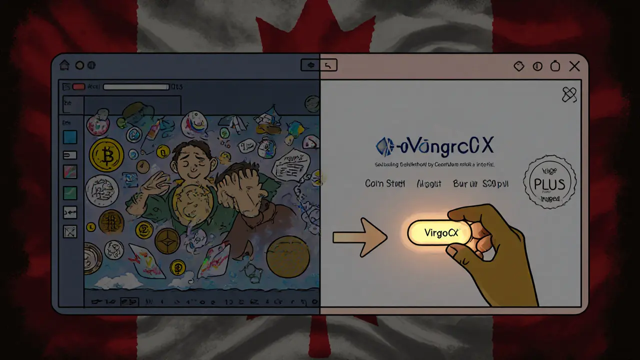 Split scene: chaotic global exchange vs. calm VirgoCX trading with free transfers and simple interface.