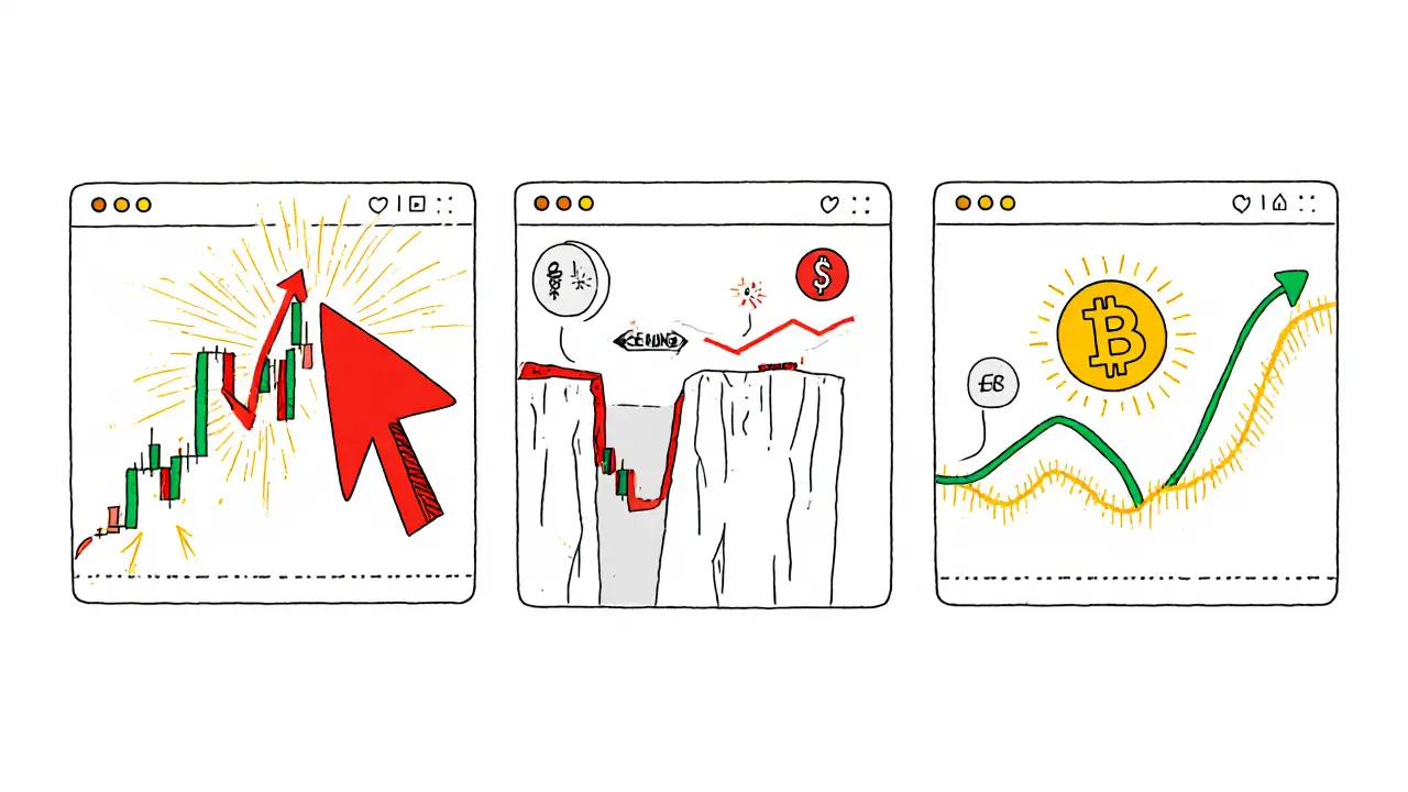 Three cartoon trading order types: stop-market, stop-limit, and trailing stop, each shown with visual effects on price charts.