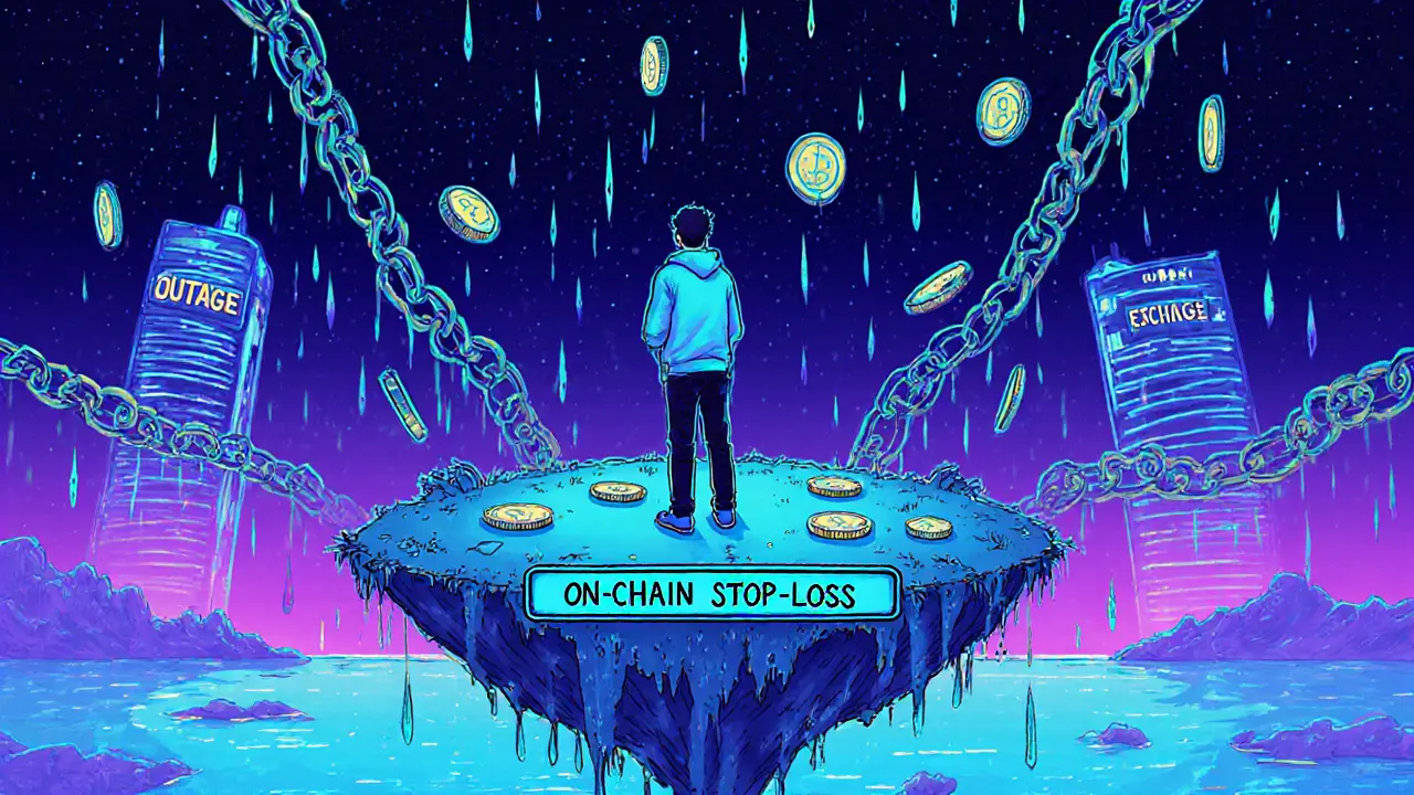 Trader on a blockchain island with on-chain stop-loss chains reaching skyward as gas fees fall like rain.