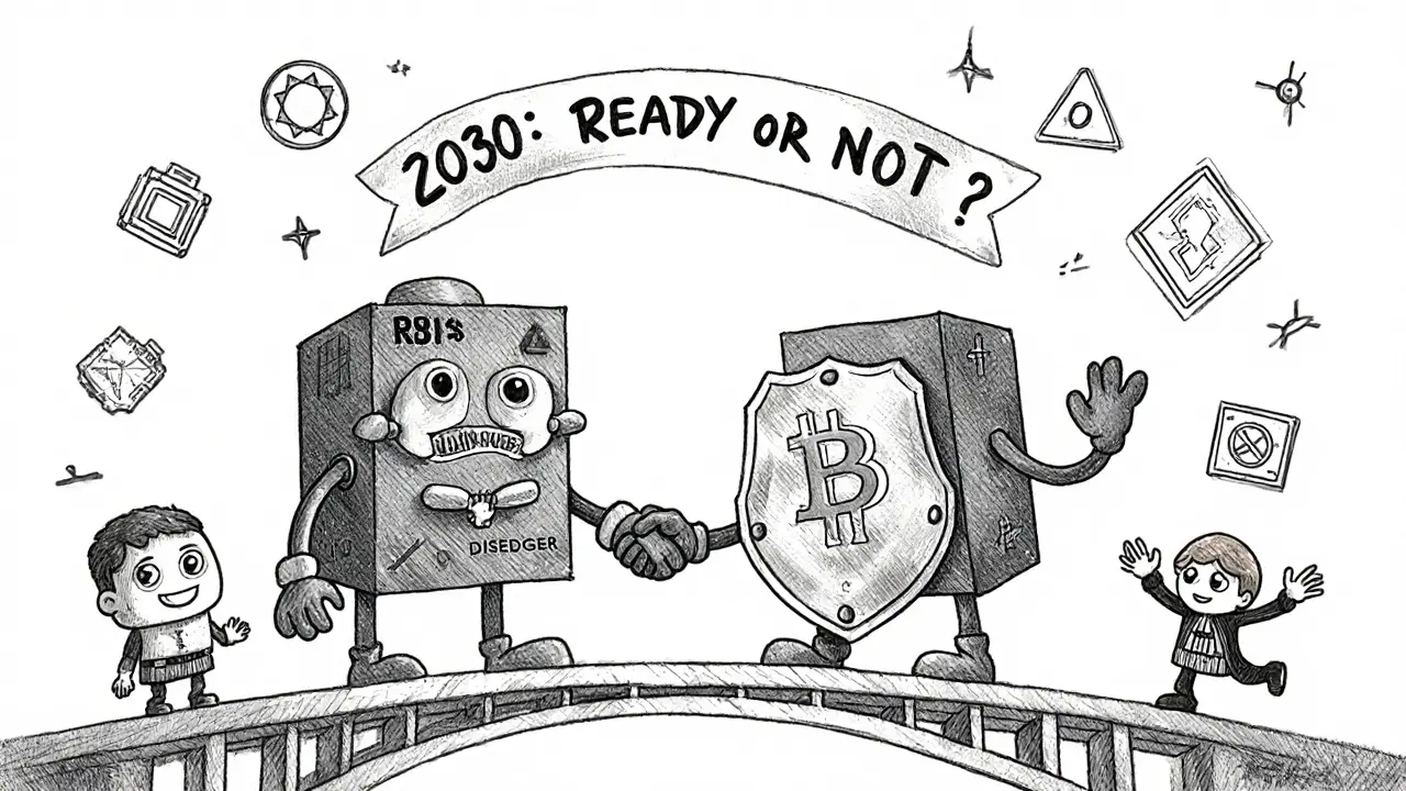 Two blockchain nodes shaking hands using hybrid classical and quantum-resistant cryptography, symbolizing a secure transition.