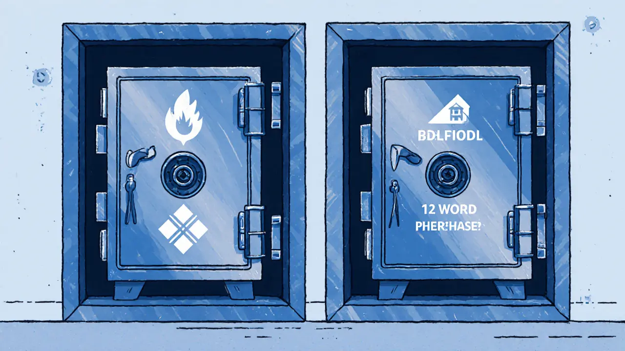 Two metal seed phrase storage devices safely kept in separate safes, representing secure offline backup.