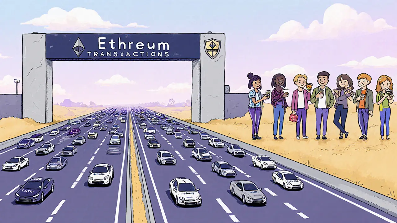 64-lane highway with rollup cars entering through Ethereum mainnet verification gate.