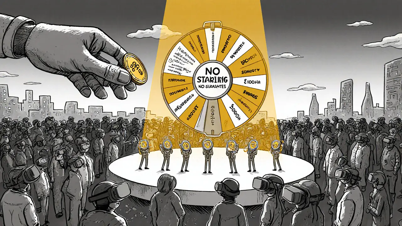 980 tiny figures on a floating platform as a robotic hand selects winners from a spinning lottery wheel.