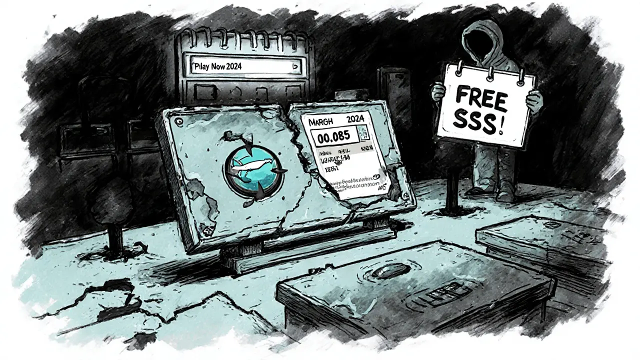 A broken game interface shows empty NFT slots and a phishing scammer offering fake free SSS tokens.