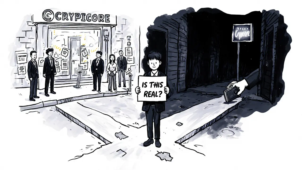 A confused user at a crossroads choosing between a safe, verified exchange and a dark scam alley.