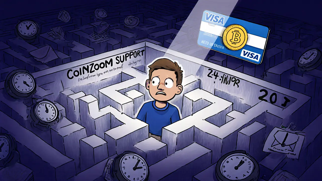 A customer stuck in a maze labeled &#039;CoinZoom Support&#039; with clocks and emails, chasing a distant card icon.
