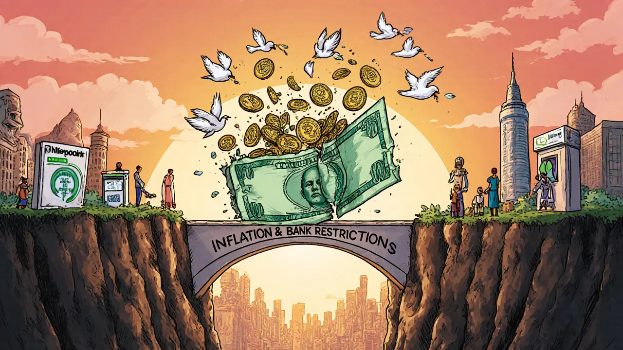 A depreciating naira bill transforms into digital USDT coins forming a bridge to a thriving crypto-powered city.