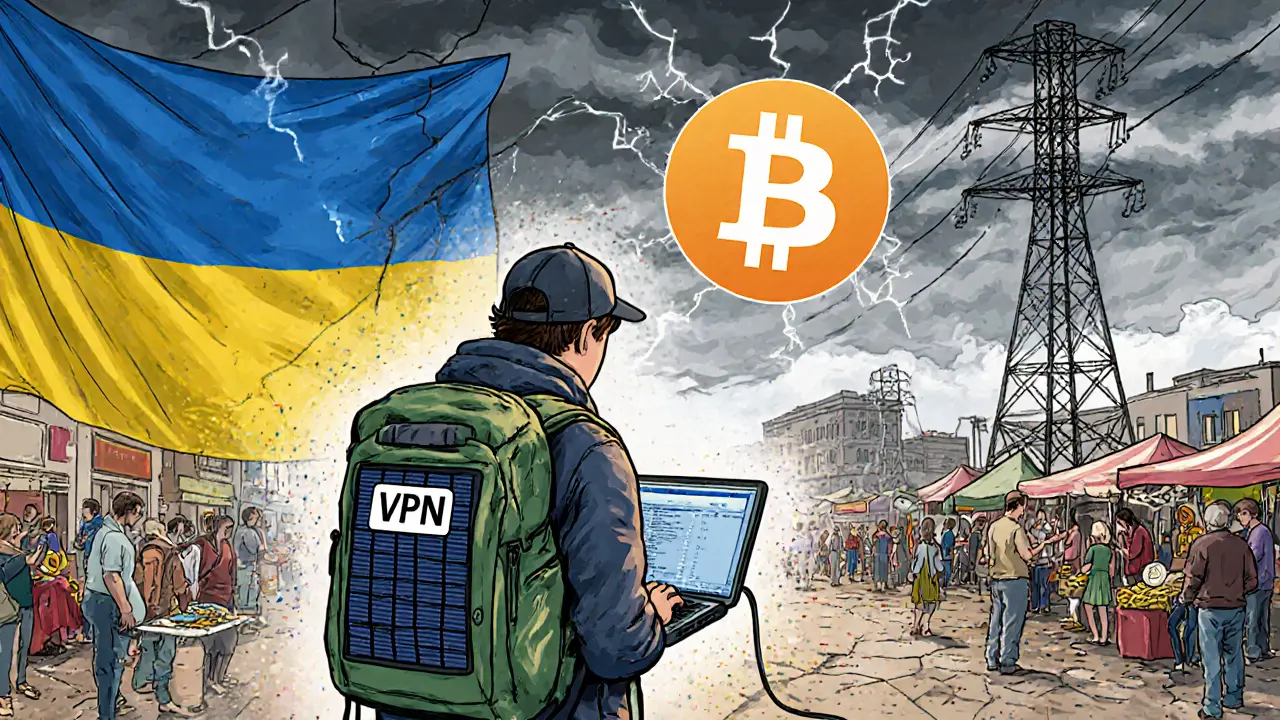 A digital nomad in Ukraine working on solar-powered laptop amid chaotic crypto market activity and flickering signals.