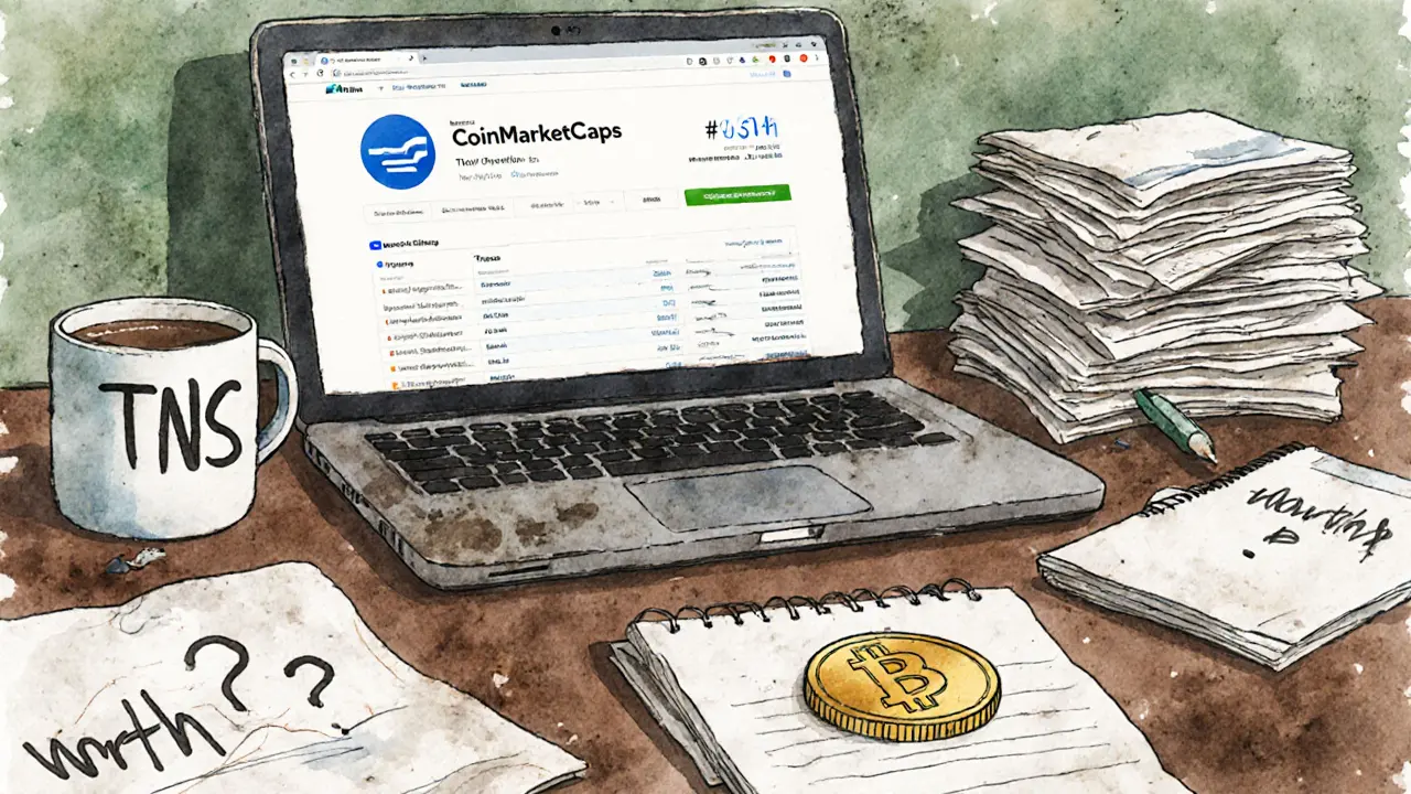 A dusty laptop shows a dead crypto listing next to forgotten investor letters and a single coin on a scribbled notepad.