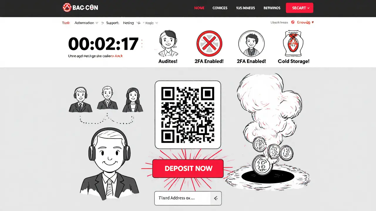 A fake crypto website with glowing buttons and fake security badges, coins vanishing into a black hole.