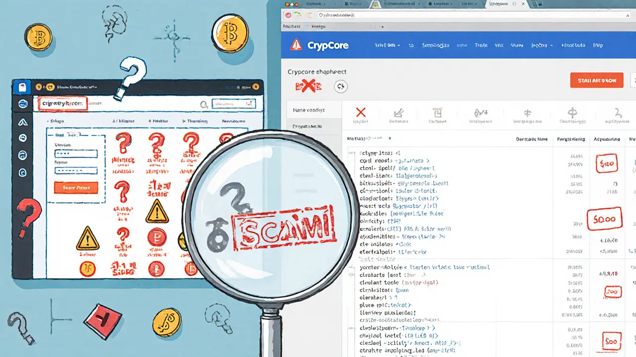 A fake crypto website with warning signs on one side, and a CoinGecko search showing zero results on the other.