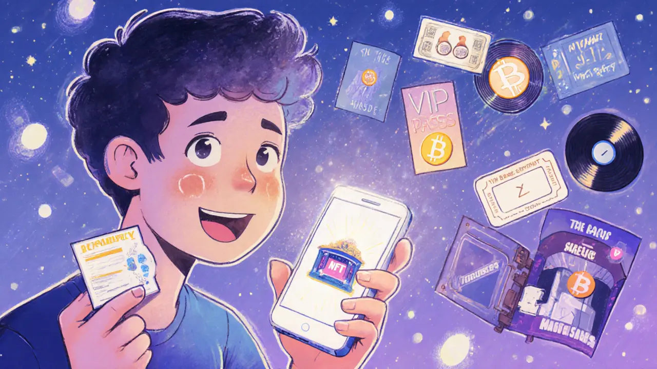 A fan’s NFT ticket transforms into a collectible concert stage, unlocking backstage perks like vinyl and digital posters.