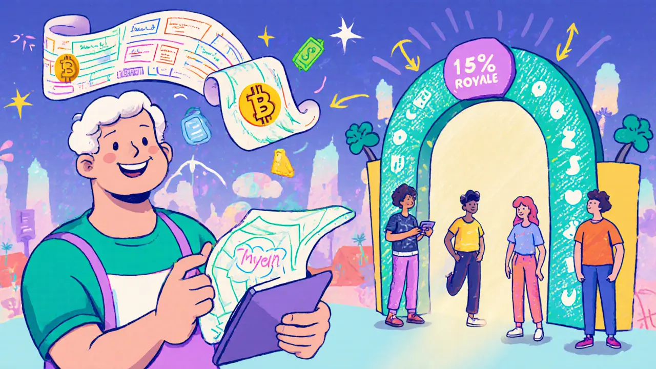 A festival organizer watches a blockchain ledger showing royalty payments from ticket resales, while fans enter through a glowing gate.