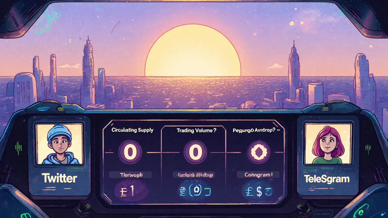 A futuristic DeFi dashboard showing zero supply and volume, with curious avatars watching a distant sunrise.