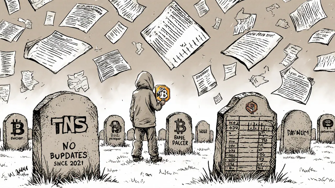 A graveyard of dead crypto tokens in a digital wasteland, with one marked &#039;TNS - No Updates Since 2021&#039;.