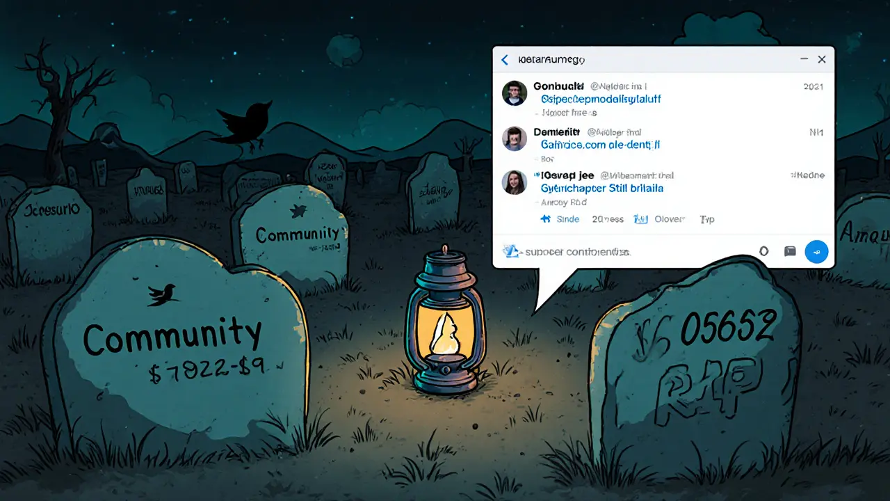 A graveyard of dead NFT sharks with tombstones showing crashed token prices under a flickering community lantern.