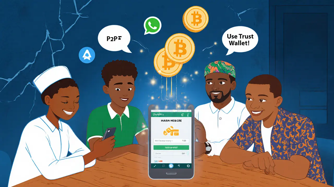 A group of everyday Nigerians learning crypto through a shared smartphone with USDT transactions and chat tips floating nearby.