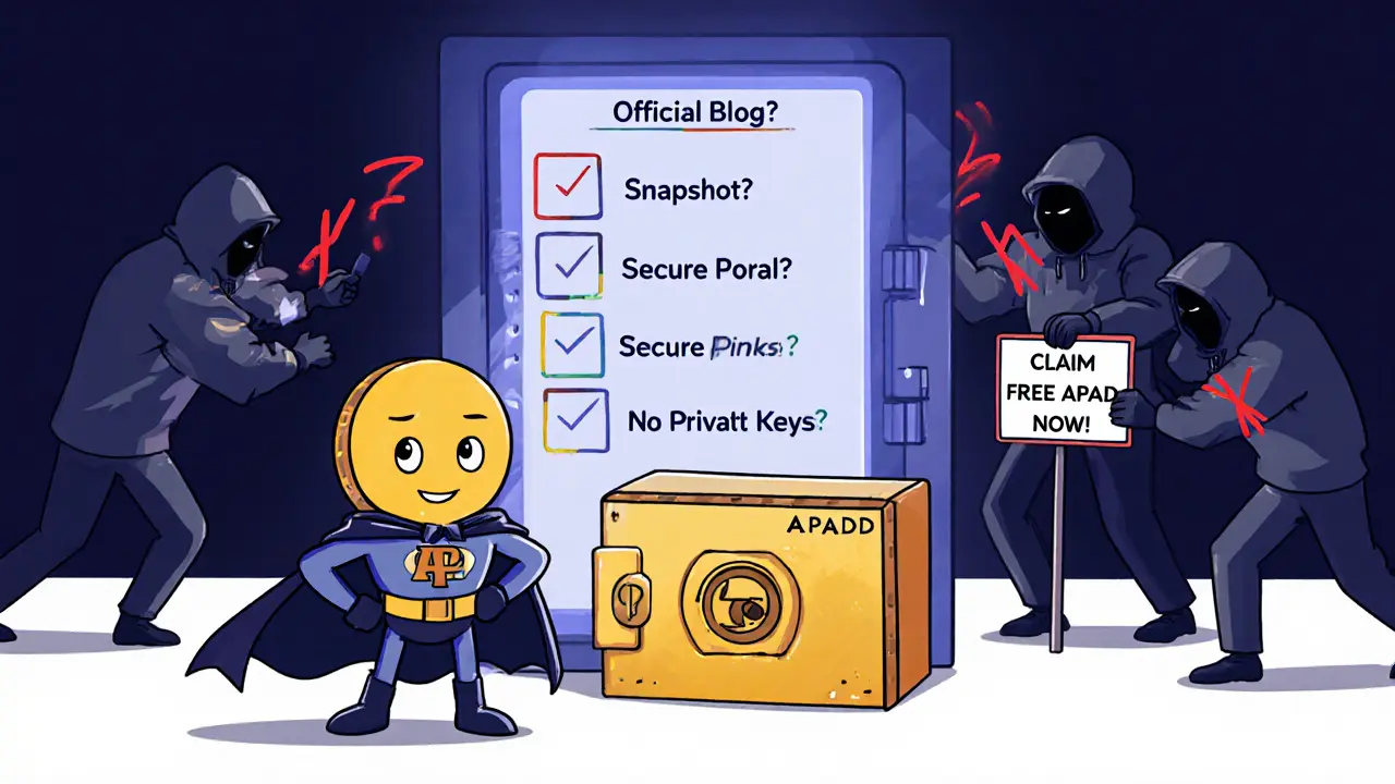 A heroic wallet guarding a locked APAD token vault from phishing scammers while a safety checklist glows above.