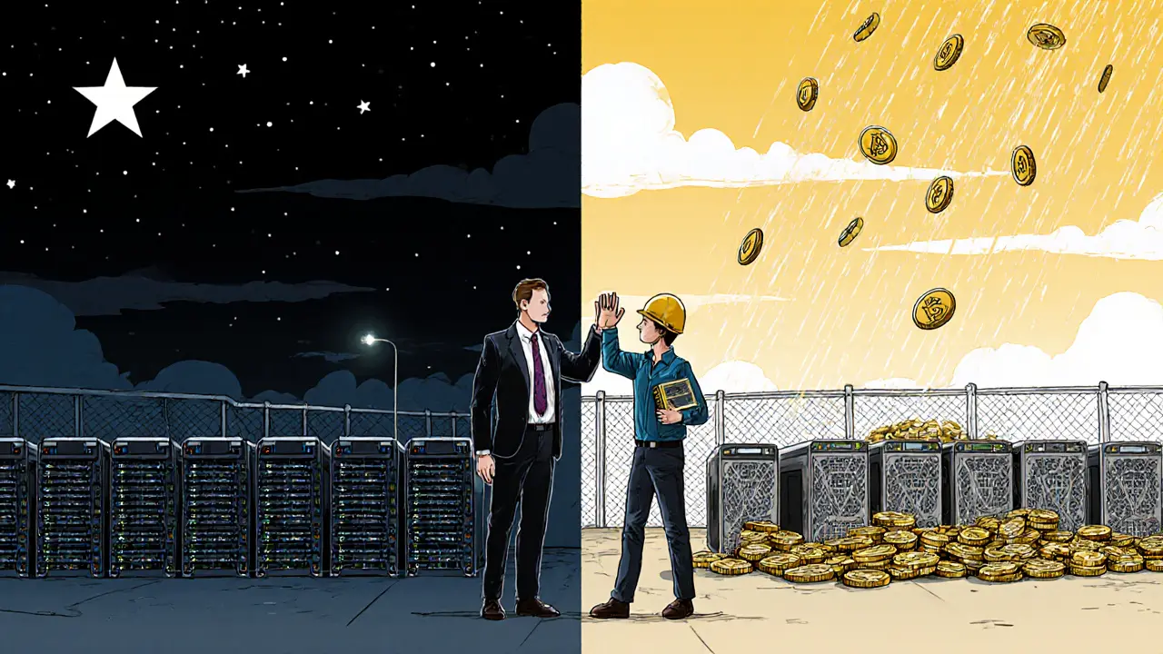 A massive corporate mining farm vs a tiny individual miner watching from outside, symbolizing scale disparity.