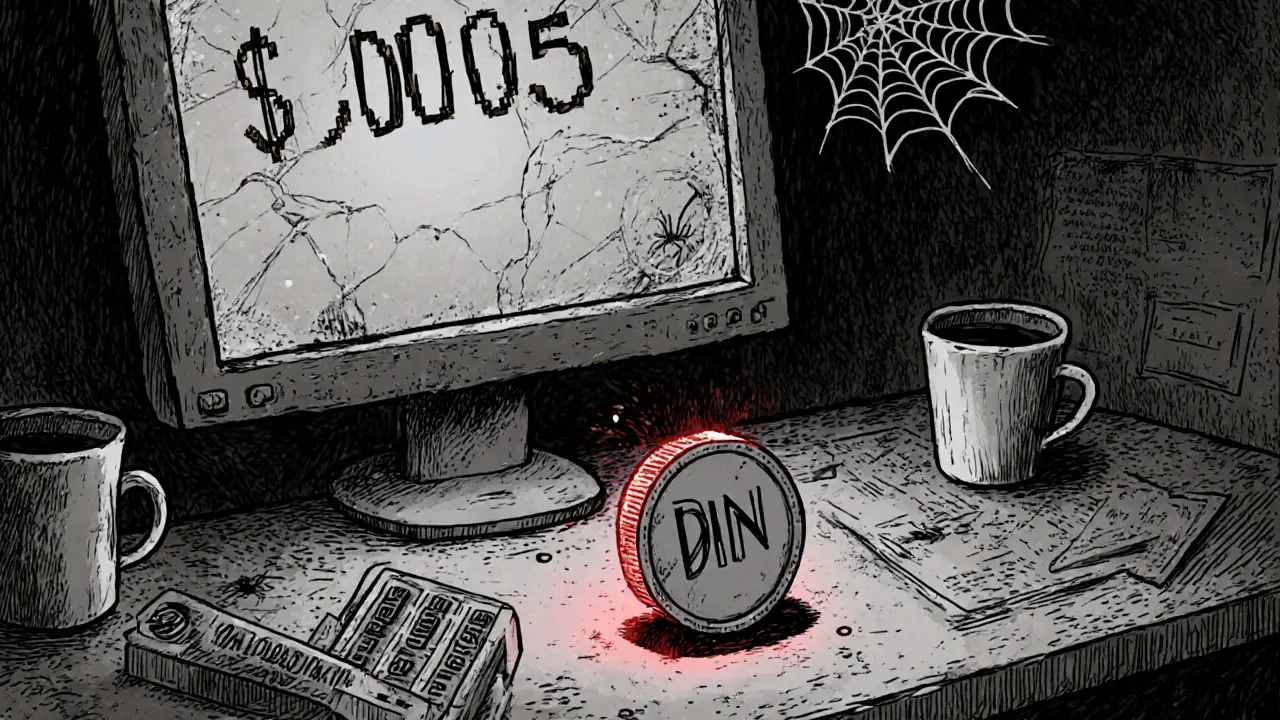 A neglected mining token called DIN on a dusty desk with a tiny price tag and no trading activity.