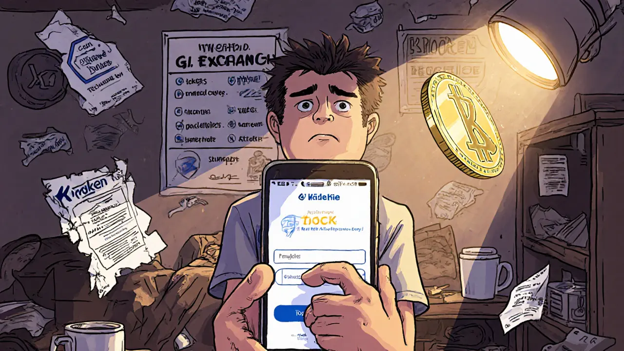 A person holding a phone showing a scam exchange, surrounded by evidence of fraud, with one real exchange coin shining.