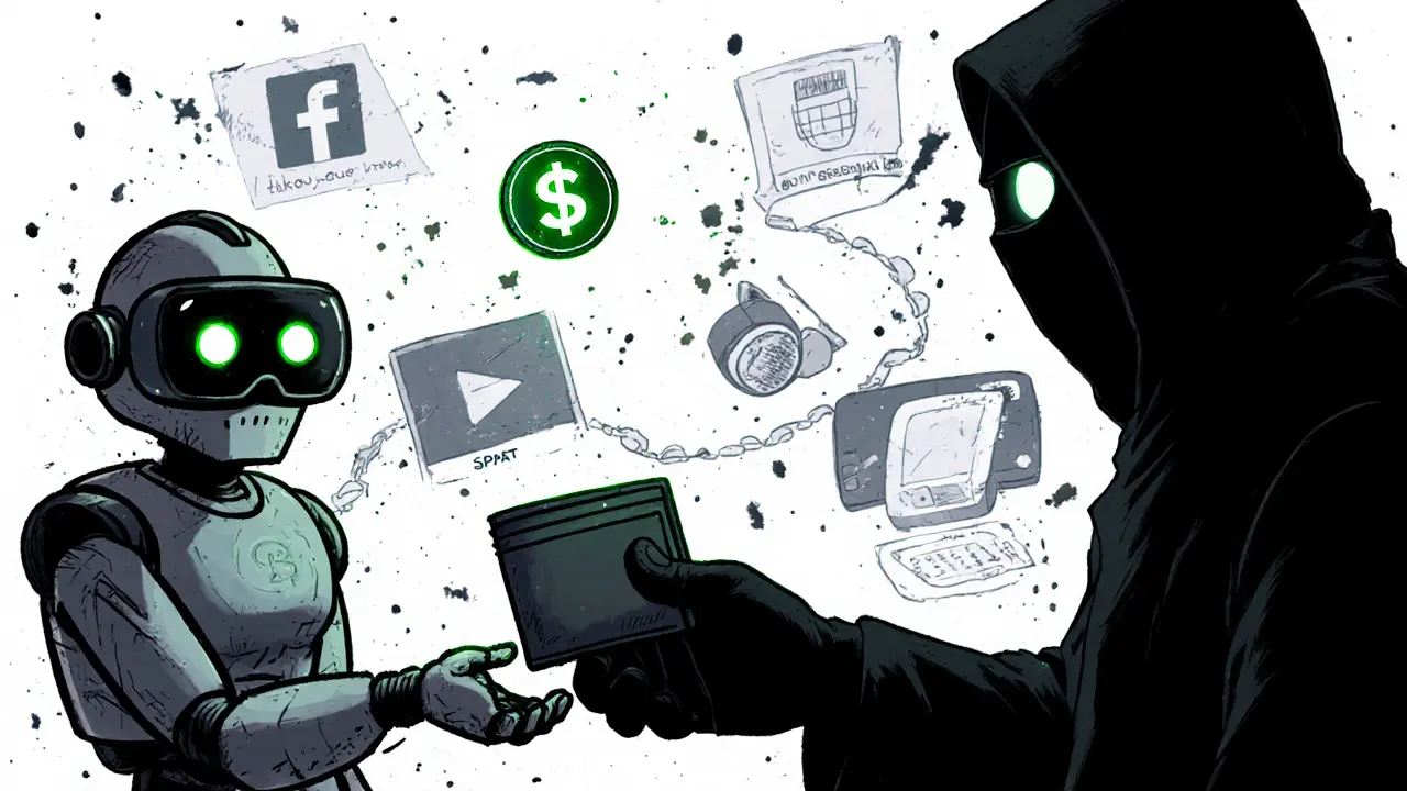 A shadowy figure gives a wallet to a masked bot, while fake social media posts and empty VR headsets fade away.