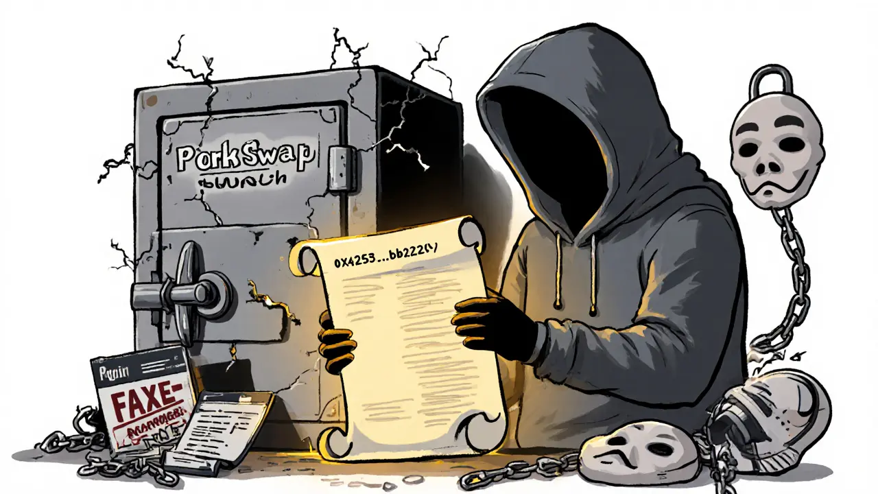 A shadowy figure holding a glowing crypto contract address in front of a locked vault labeled &#039;PorkSwap Launch&#039;.