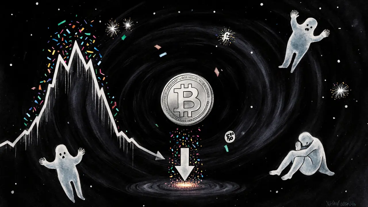 A single CRX token floating in a dark space with fading price graphs dropping from 1 to <h2>Where Can You Buy CRX?</h2>.75, surrounded by ghostly trader figures.