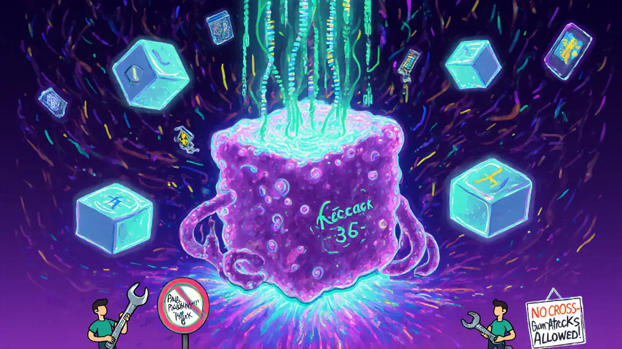 A sponge-like Keccak-256 creature absorbing Ethereum transactions into glowing hex hashes.