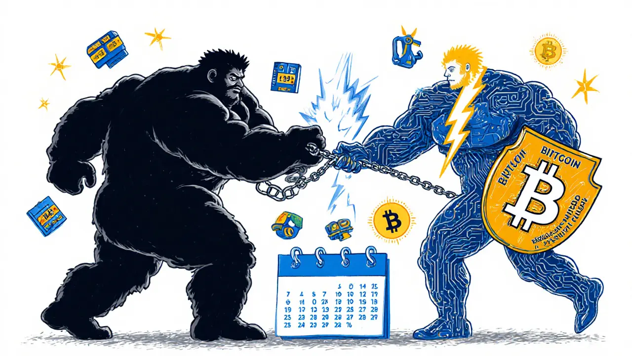 A symbolic tug-of-war between Bitcoin&#039;s hash rate and regulatory energy limits, with digital and renewable icons.
