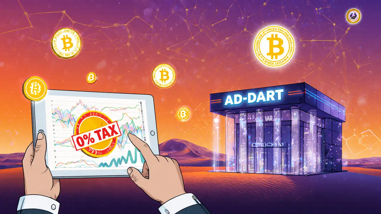 A trader in Dubai holding a tablet with &#039;0% TAX&#039; over crypto charts, under a glowing VARA license and futuristic skyline.