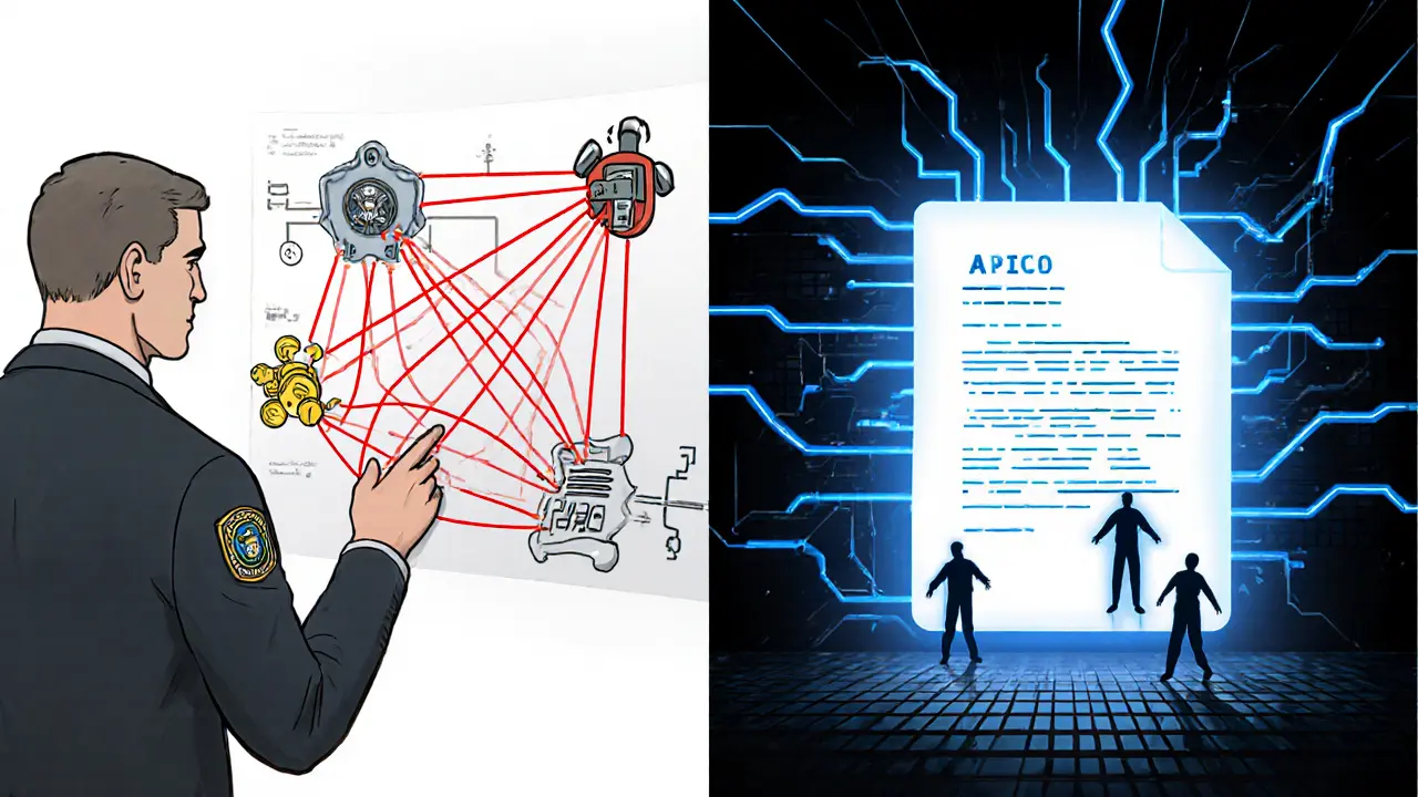 A U.S. agent tracks crypto on a blockchain while a decentralized mixer glows untouchable in the background.
