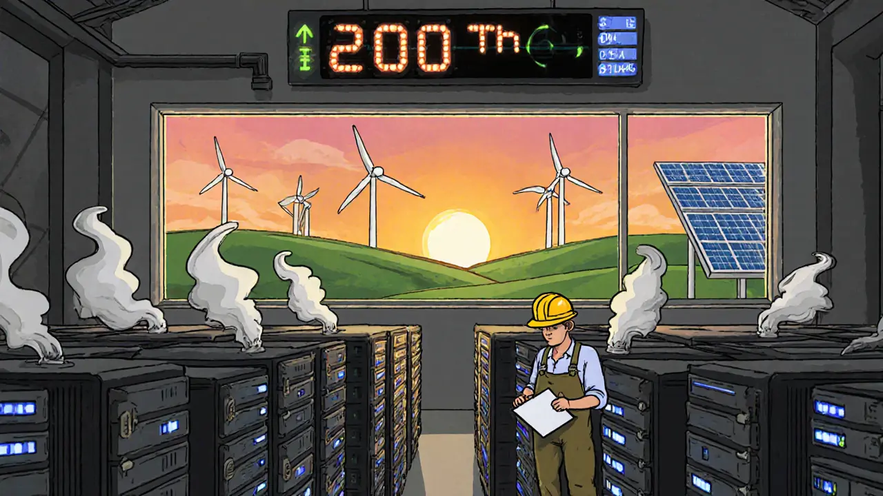 A warehouse filled with rows of ASIC miners under wind turbines and solar panels, with a miner checking a display.