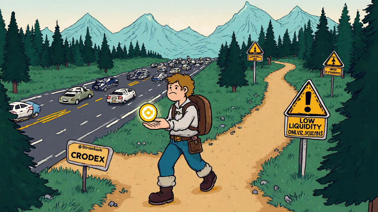 An adventurer at a crossroads choosing between a busy crypto highway and a quiet trail labeled CRODEX, holding a glowing CRX token.