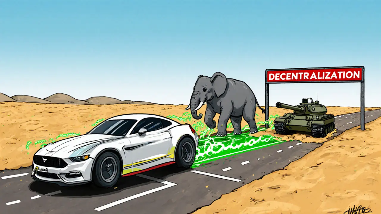BLAKE2b speedster winning a race against memory-heavy Scrypt and Equihash in a cartoon race track.