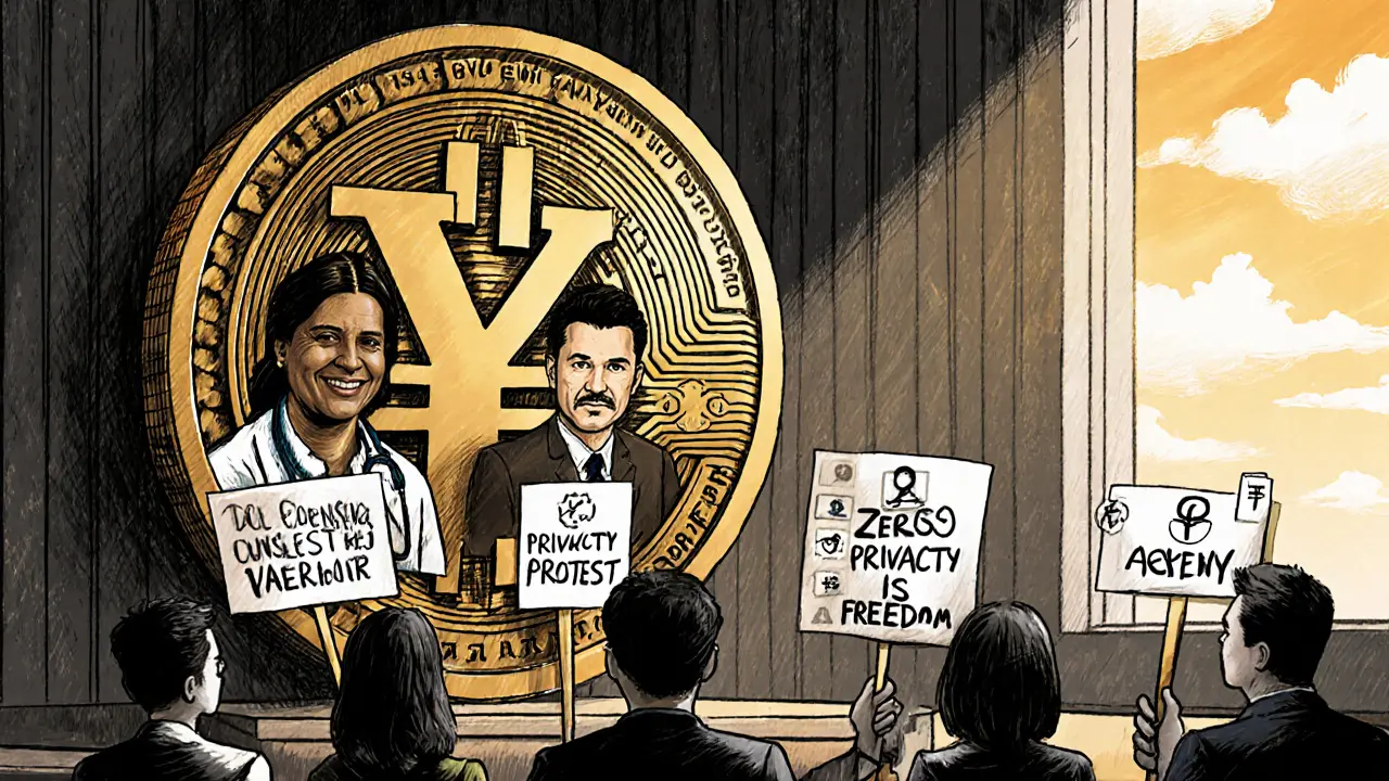 Citizens protesting against surveillance by a massive digital currency symbol in a courtroom.
