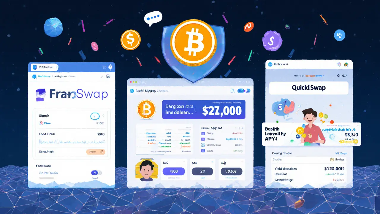 Comparison illustration of Fraxswap, QuickSwap, and SushiSwap interfaces on Polygon with focus on TWAMM functionality.