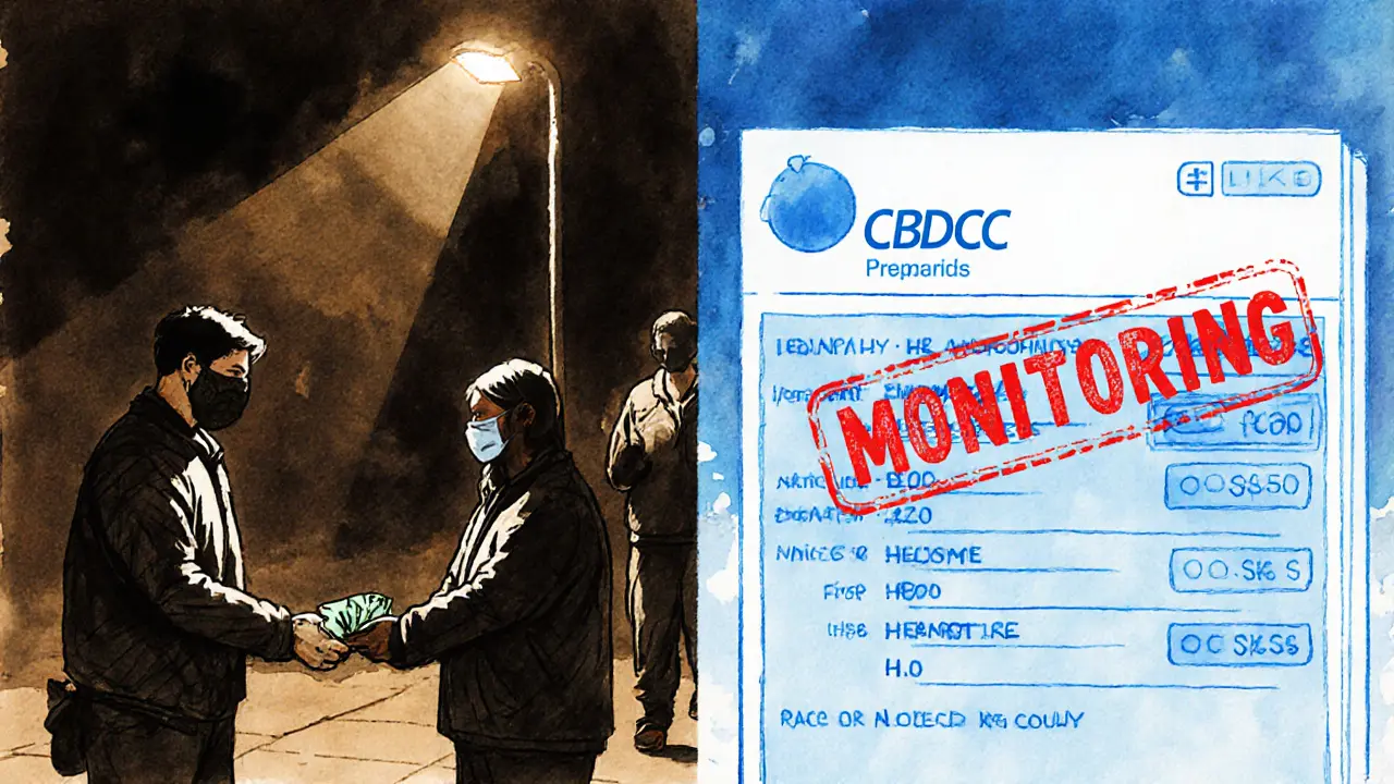 Contrast between anonymous cash transaction and tracked digital payment in a protest context.