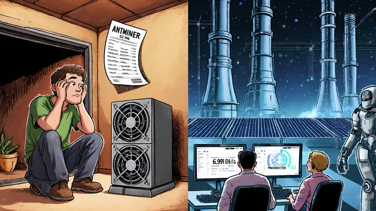 Contrasting scenes of a struggling home miner vs a high-tech industrial mining facility with projected hash rates.