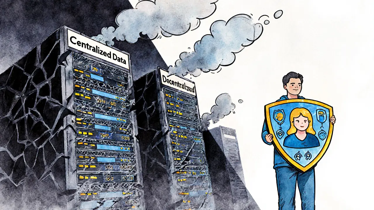 Cracked central server farm vs. single person protected by decentralized identity shield.