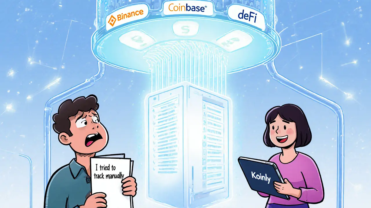 Crypto transactions flowing into HMRC server in 2026, investor holding a tiny notebook while neighbor uses tax software.