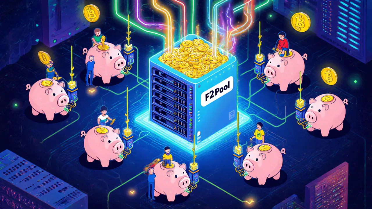 Dozens of cartoon miners connected to a glowing pool server, receiving steady Bitcoin payouts into piggy banks.