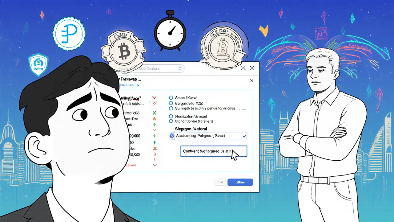 New user confused by Fraxswap&#039;s interface versus experienced trader successfully completing a large swap.
