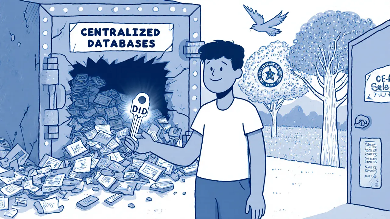 Person holding a key to unlock a new identity system, as old data vaults crumble behind them.