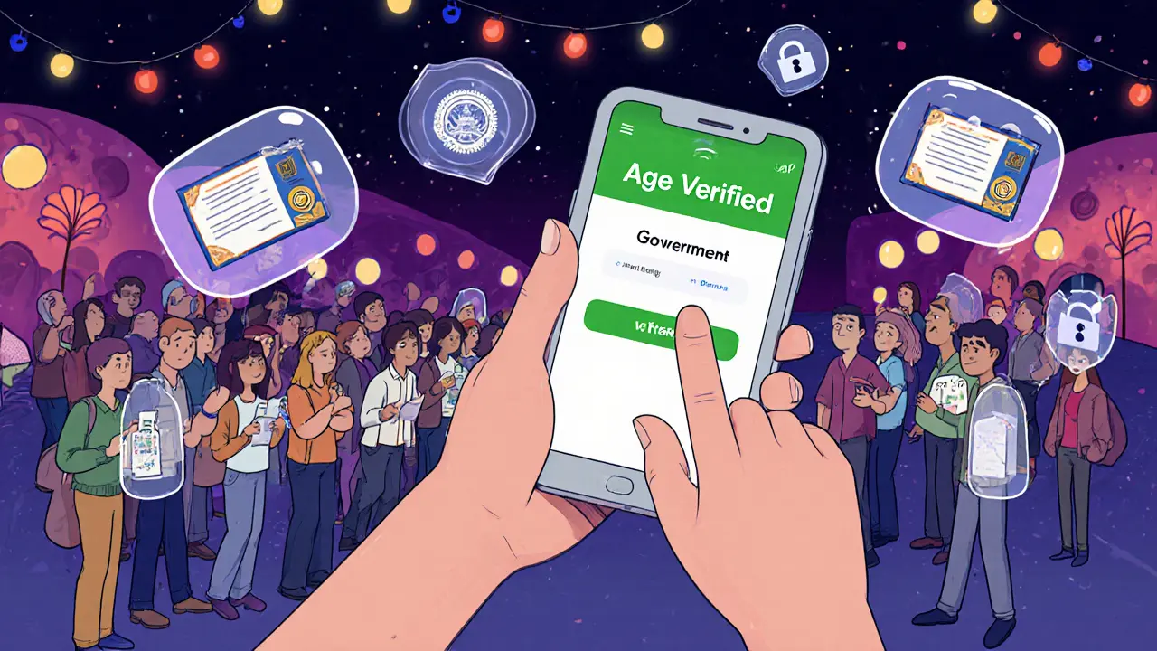 Person quickly verifying age at a concert with a phone scan, while others wait in line with paper IDs.