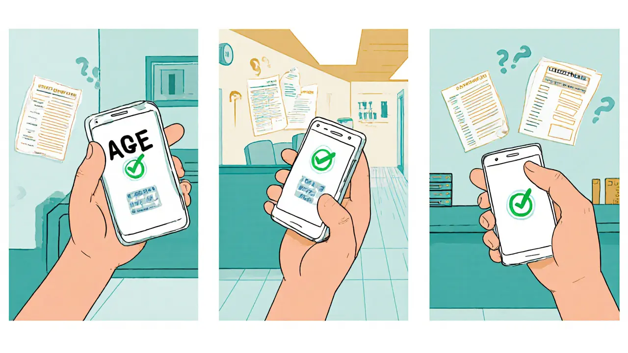 Person tapping phone to verify age at multiple locations, with no personal data shown.