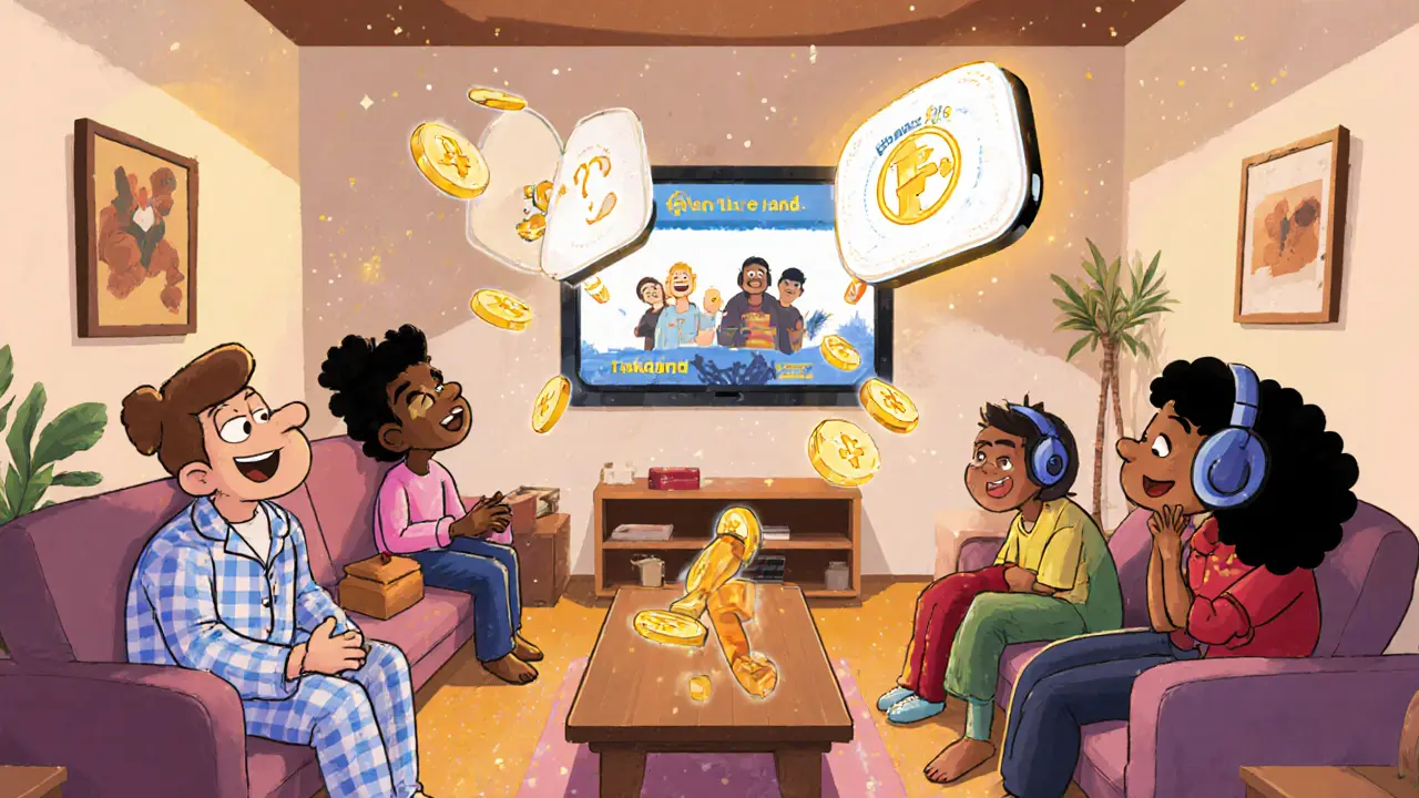 Players watching Faraland&#039;s Binance live stream with quiz pop-ups and tokens floating into their wallets.