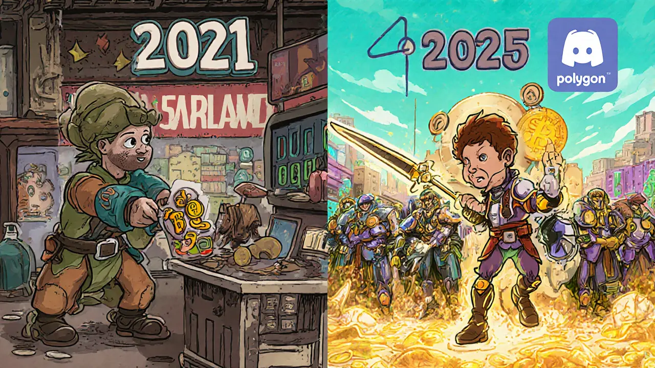 Split illustration showing Faraland&#039;s evolution from 2021 airdrop to 2025 cross-chain gameplay.