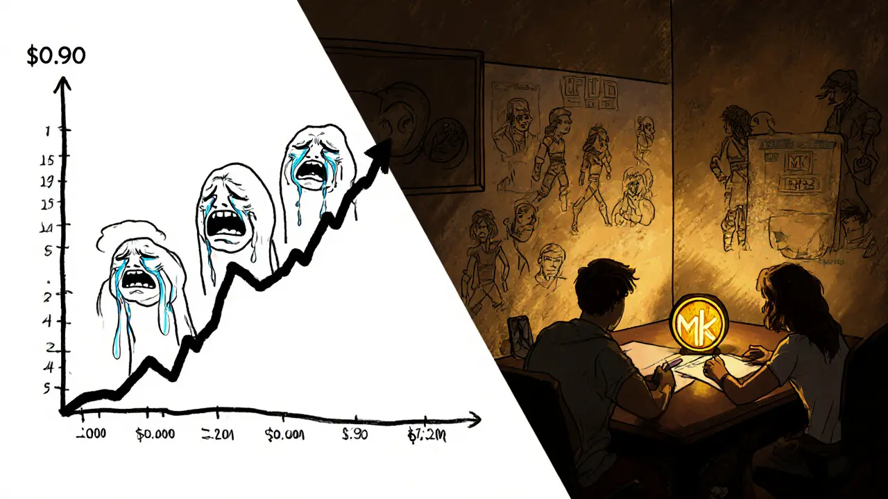 Split image showing MK token price crash on one side and developers sketching Season 2 updates on the other.